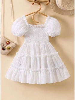 SHEIN Toddler Girls Puff Sleeve Frill Trim Ruffle Hem Dress