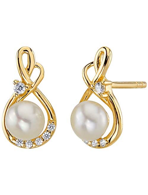 Peora Freshwater Cultured White Pearl Stud Earrings in 14K Yellow Gold, Round Button Shape, 5mm Infinity Swirl Solitaire, Friction Backs