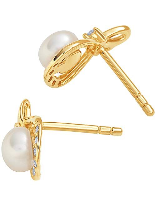 Peora Freshwater Cultured White Pearl Stud Earrings in 14K Yellow Gold, Round Button Shape, 5mm Infinity Swirl Solitaire, Friction Backs