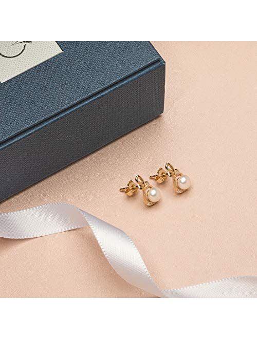 Peora Freshwater Cultured White Pearl Stud Earrings in 14K Yellow Gold, Round Button Shape, 5mm Infinity Swirl Solitaire, Friction Backs