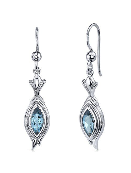 Peora London Blue Topaz Drop Earrings for Women 925 Sterling Silver, Natural Gemstone Birthstone, 1 Carat Total, Marquise Shape, 8x4mm, Fishhooks