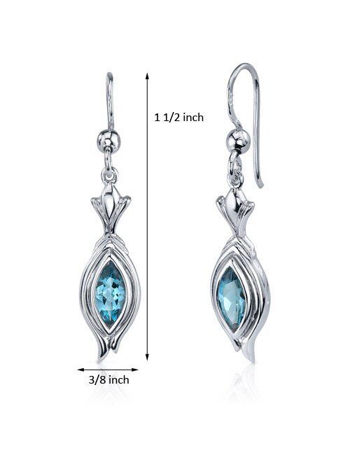 Peora London Blue Topaz Drop Earrings for Women 925 Sterling Silver, Natural Gemstone Birthstone, 1 Carat Total, Marquise Shape, 8x4mm, Fishhooks