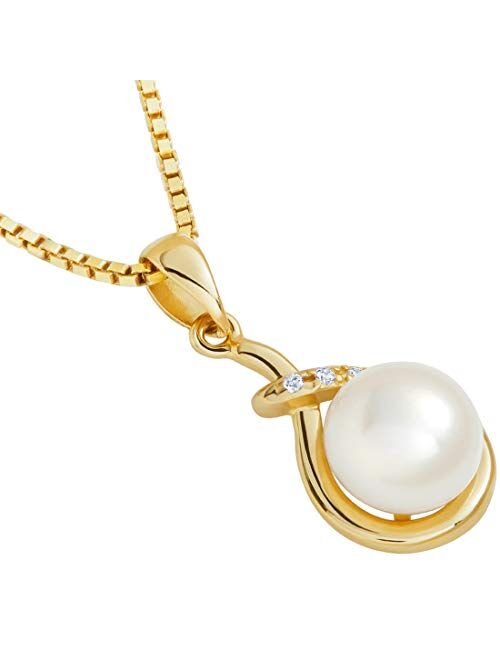 Peora Freshwater Cultured White Pearl Infinity Drop Pendant in 14K Yellow Gold, Round Button Shape, 7mm, Dangle Solitaire Design