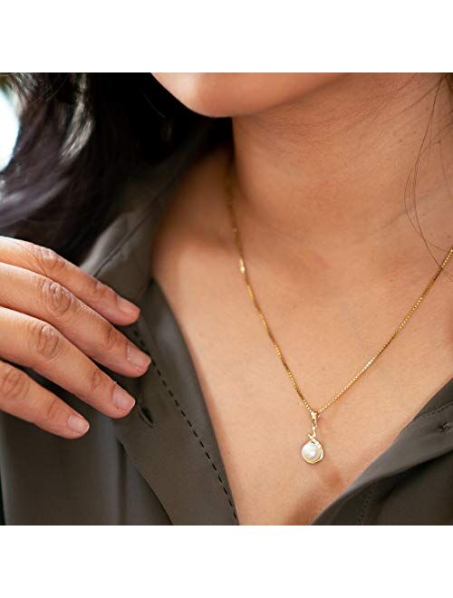 Peora Freshwater Cultured White Pearl Infinity Drop Pendant in 14K Yellow Gold, Round Button Shape, 7mm, Dangle Solitaire Design