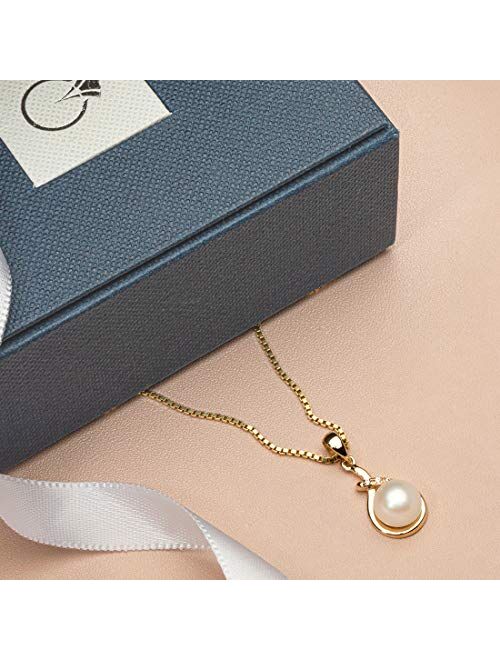 Peora Freshwater Cultured White Pearl Infinity Drop Pendant in 14K Yellow Gold, Round Button Shape, 7mm, Dangle Solitaire Design