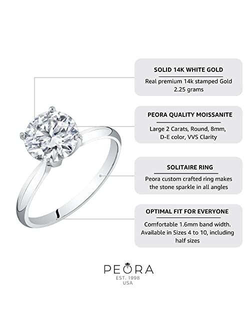 Peora 14K White Gold 2 Carats Moissanite Engagement Ring for Women, Classic Solitaire, Round Brilliant Cut 8mm, D-E Color, VVS Clarity Sizes 4 to 10