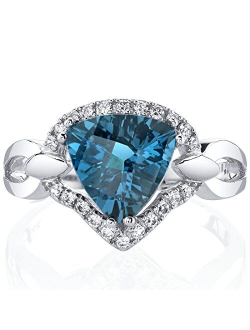 Peora London Blue Topaz Regalia Ring 14K White Gold, 2.50 Carats Trillion Cut, Sizes 5 to 9