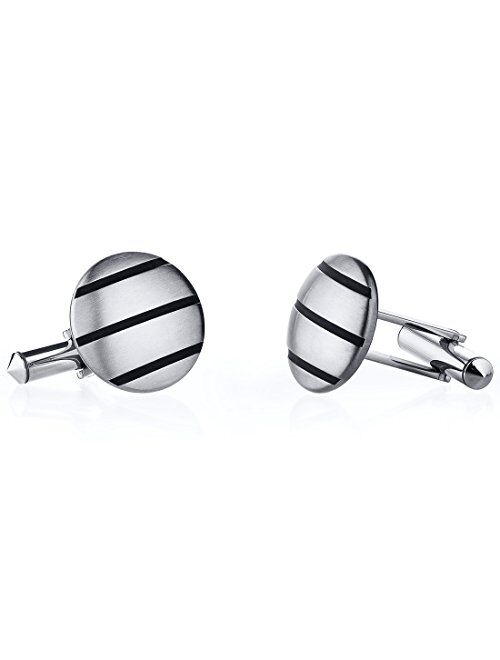 Peora Mens Titanium Cufflink Kit, Round Classic Stripe Brushed Matte, College Graduation Gift for Him