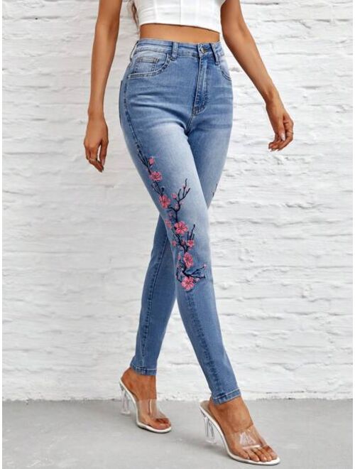 Shein Floral Embroidery Skinny Jeans