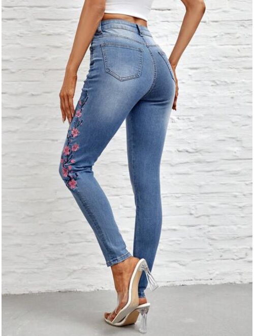 Shein Floral Embroidery Skinny Jeans