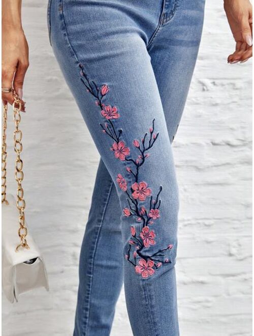 Shein Floral Embroidery Skinny Jeans