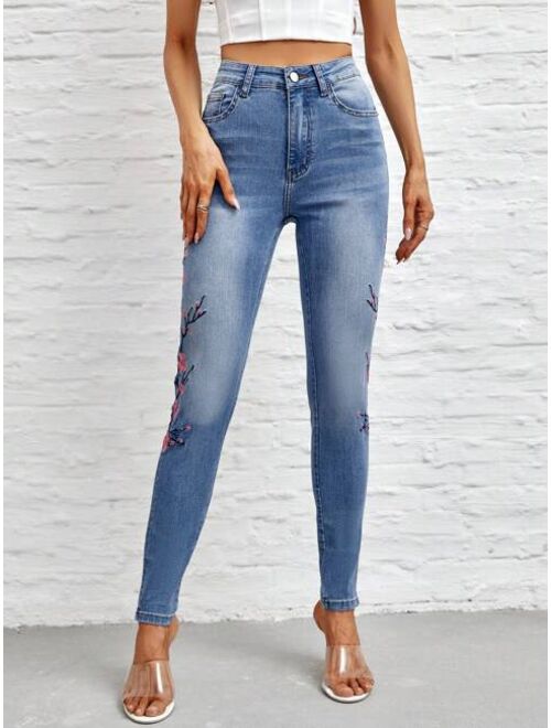 Shein Floral Embroidery Skinny Jeans