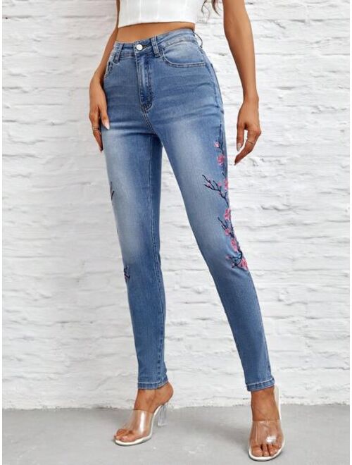 Shein Floral Embroidery Skinny Jeans