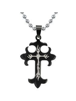 Stainless Steel Gothic Cross Pendant for Men, Black Gunmetal Finish, 18 4 inch Ball Chain