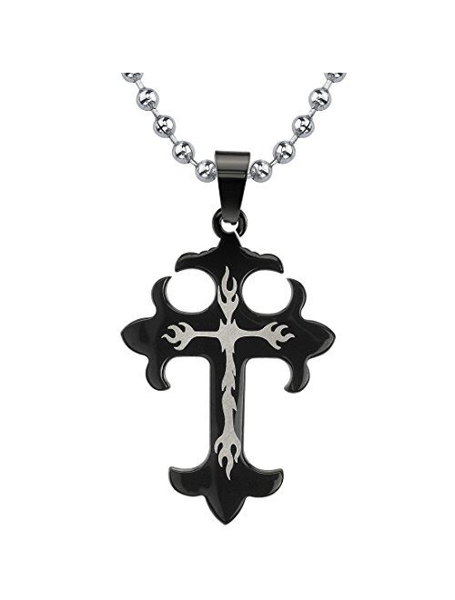 Peora Stainless Steel Gothic Cross Pendant for Men, Black Gunmetal Finish, 18+4 inch Ball Chain