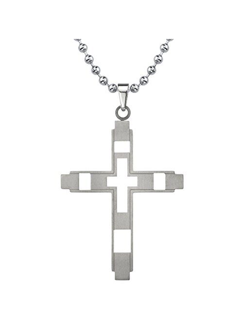 Peora Genuine Titanium Cross Pendant Necklace for Men, Smooth Brushed Finish, Ball Chain