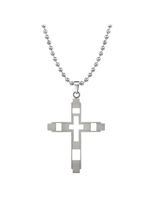 Peora Genuine Titanium Cross Pendant Necklace for Men, Smooth Brushed Finish, Ball Chain