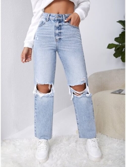 Ripped Raw Cut Straight Leg Jeans