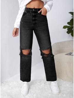 Ripped Raw Cut Straight Leg Jeans