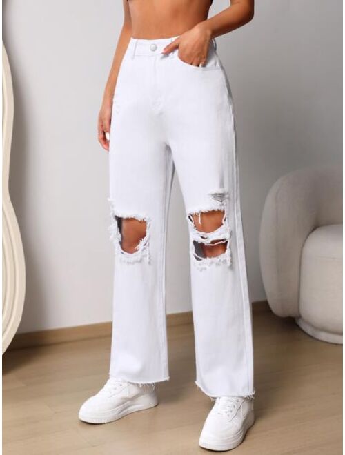 Shein Ripped Raw Cut Straight Leg Jeans