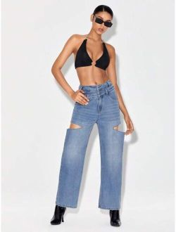 X AURALITE Cut Out Raw Trim Straight Leg Jeans