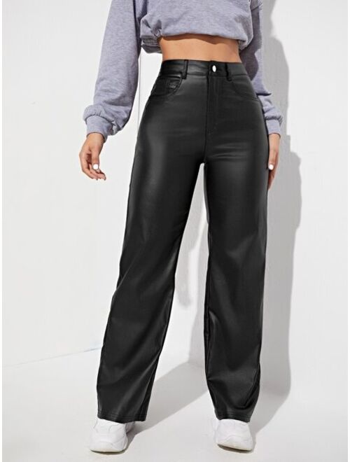 Shein Straight Leg Leather Look Jeans