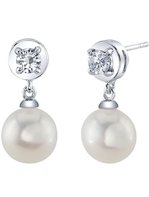 Peora 8mm Freshwater Cultured White Pearl and Cubic Zirconia Dangle Drop Earrings 925 Sterling Silver, April Birthstone