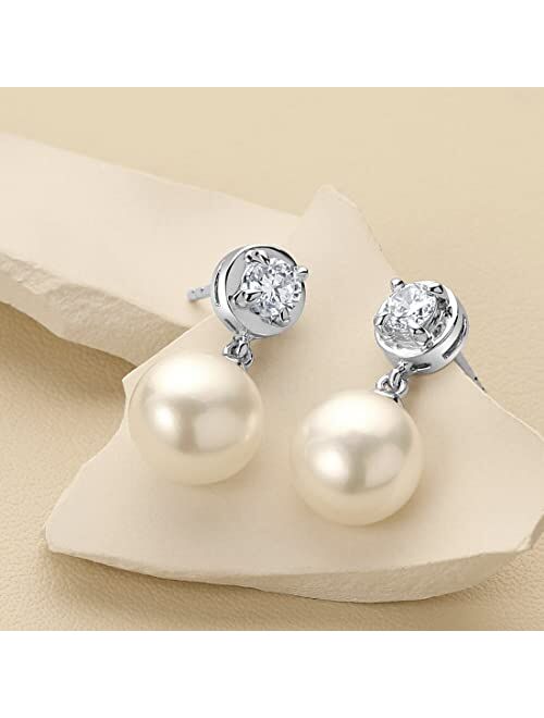 Peora 8mm Freshwater Cultured White Pearl and Cubic Zirconia Dangle Drop Earrings 925 Sterling Silver, April Birthstone