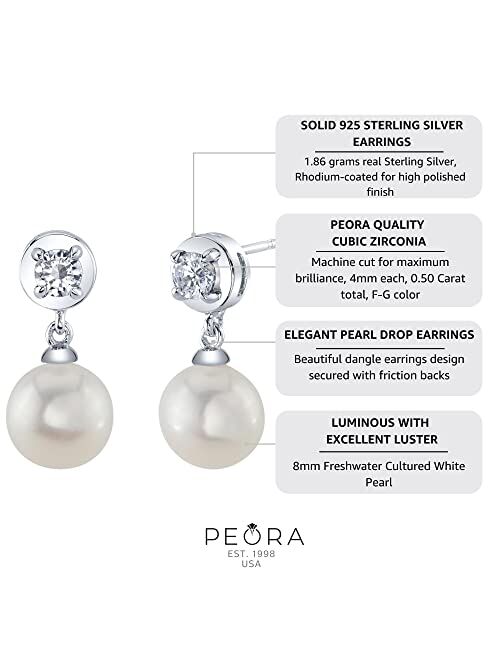 Peora 8mm Freshwater Cultured White Pearl and Cubic Zirconia Dangle Drop Earrings 925 Sterling Silver, April Birthstone