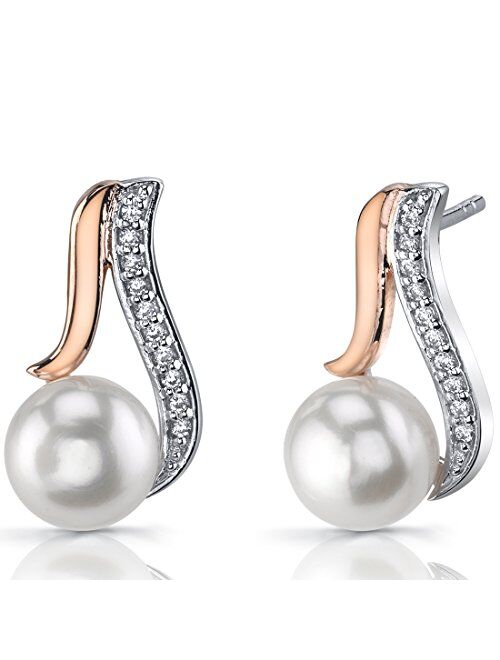 Peora Freshwater Cultured White Pearl Earrings in Rose Goldtone Sterling Silver, Open Teardrop Design, 7.50mm Round Button Shape, Friction Backs