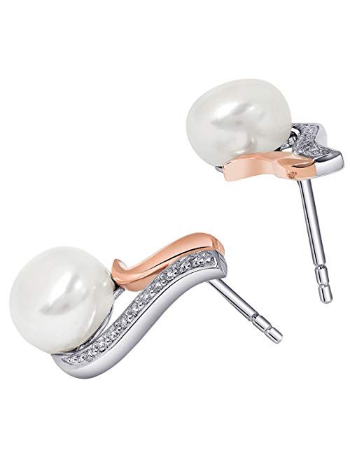 Peora Freshwater Cultured White Pearl Earrings in Rose Goldtone Sterling Silver, Open Teardrop Design, 7.50mm Round Button Shape, Friction Backs