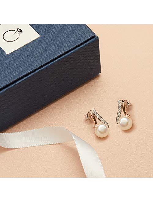 Peora Freshwater Cultured White Pearl Earrings in Rose Goldtone Sterling Silver, Open Teardrop Design, 7.50mm Round Button Shape, Friction Backs