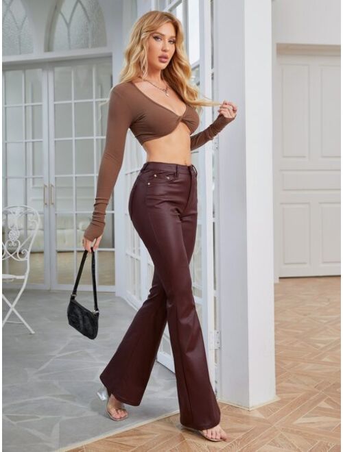 SHEIN Tall High Waist Flare Leg Leather Look Flare Leg Jeans