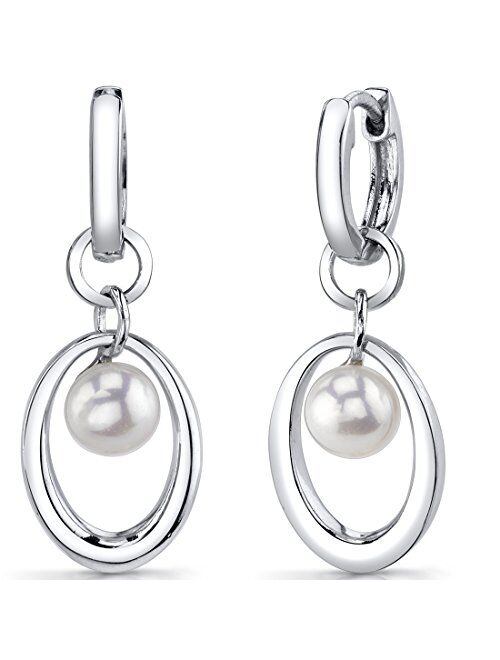 Peora Freshwater Cultured White Pearl Dangle Earrings in Sterling Silver, Angels Halo Drop Design, 6mm Round Button Shape, Hinged Post Closure