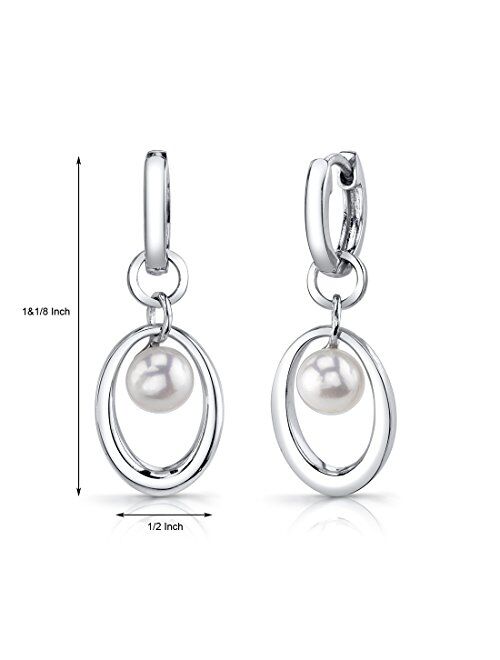 Peora Freshwater Cultured White Pearl Dangle Earrings in Sterling Silver, Angels Halo Drop Design, 6mm Round Button Shape, Hinged Post Closure