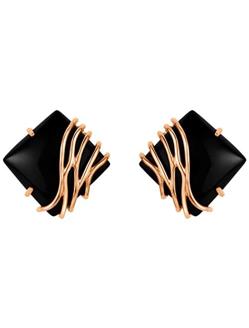 Peora Rose Gold-tone 925 Sterling Silver Black Onyx Waves Earrings for Women, Hypoallergenic Fine Jewelry