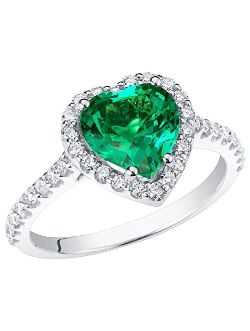 Peora Created Colombian Emerald with Lab Grown Diamonds Sweetheart Ring for Women 14K White or Yellow Gold, 2.25 Carats Total, Vivid Green 8mm Heart Shape, Sizes 4 to 10