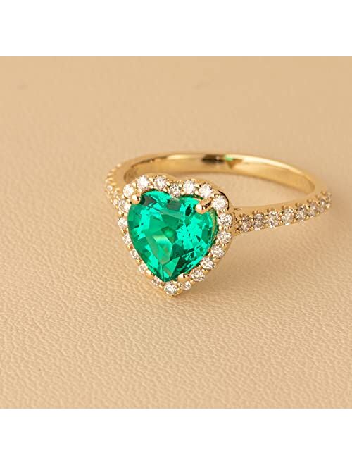 Peora Created Colombian Emerald with Lab Grown Diamonds Sweetheart Ring for Women 14K White or Yellow Gold, 2.25 Carats Total, Vivid Green 8mm Heart Shape, Sizes 4 to 10