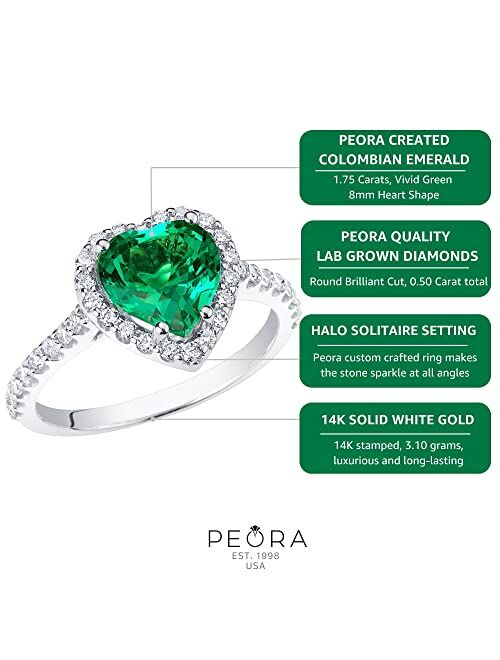 Peora Created Colombian Emerald with Lab Grown Diamonds Sweetheart Ring for Women 14K White or Yellow Gold, 2.25 Carats Total, Vivid Green 8mm Heart Shape, Sizes 4 to 10