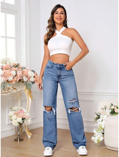 SHEIN Tall Ripped Straight Leg Jeans