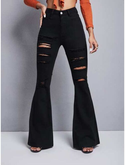 Shein Ripped Frayed Flare Leg Jeans