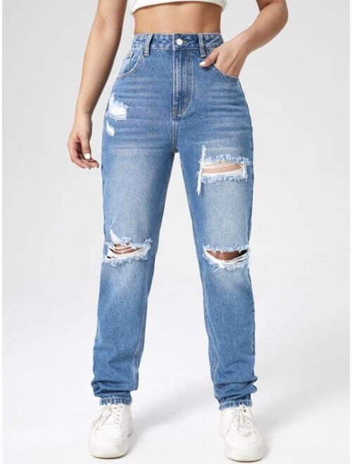 Shein Washed Ripped Mom Jeans