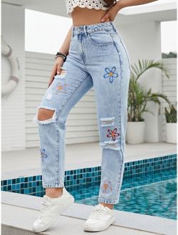 Floral Embroidery Ripped Straight Leg Jeans
