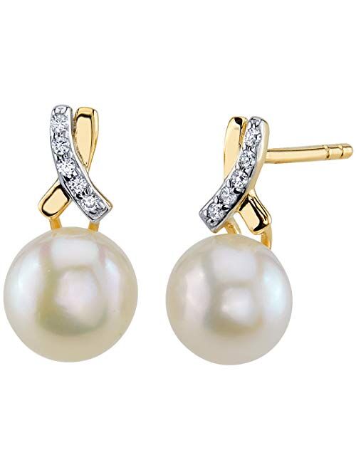 Peora Freshwater Cultured White Pearl Stud Earrings in 14K Yellow Gold, Round Button Shape, 7mm Open Infinity Solitaire, Friction Backs