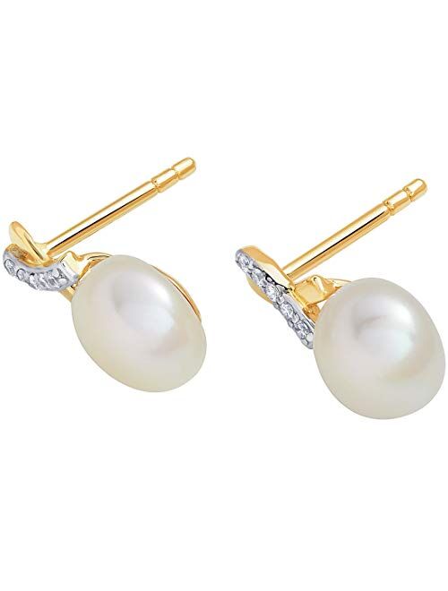 Peora Freshwater Cultured White Pearl Stud Earrings in 14K Yellow Gold, Round Button Shape, 7mm Open Infinity Solitaire, Friction Backs