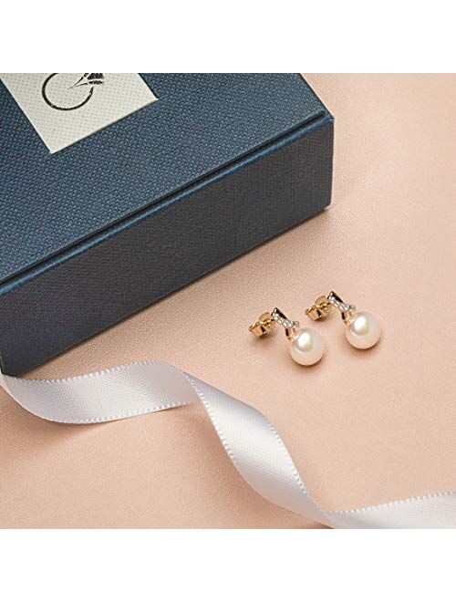 Peora Freshwater Cultured White Pearl Stud Earrings in 14K Yellow Gold, Round Button Shape, 7mm Open Infinity Solitaire, Friction Backs