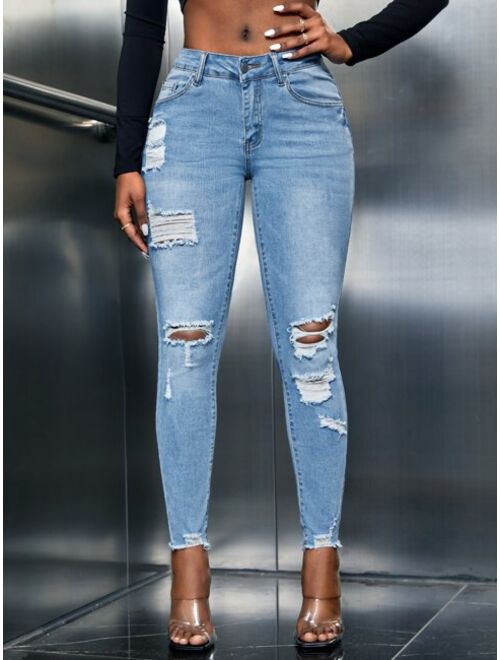 SHEIN SXY Cut Out Ripped Frayed Skinny Jeans