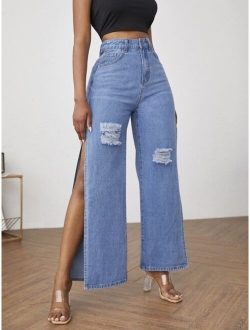 Zipper Fly Ripped Detail Split Thigh Wide Leg Jeans