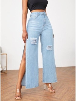 Zipper Fly Ripped Detail Split Thigh Wide Leg Jeans