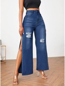 Zipper Fly Ripped Detail Split Thigh Wide Leg Jeans